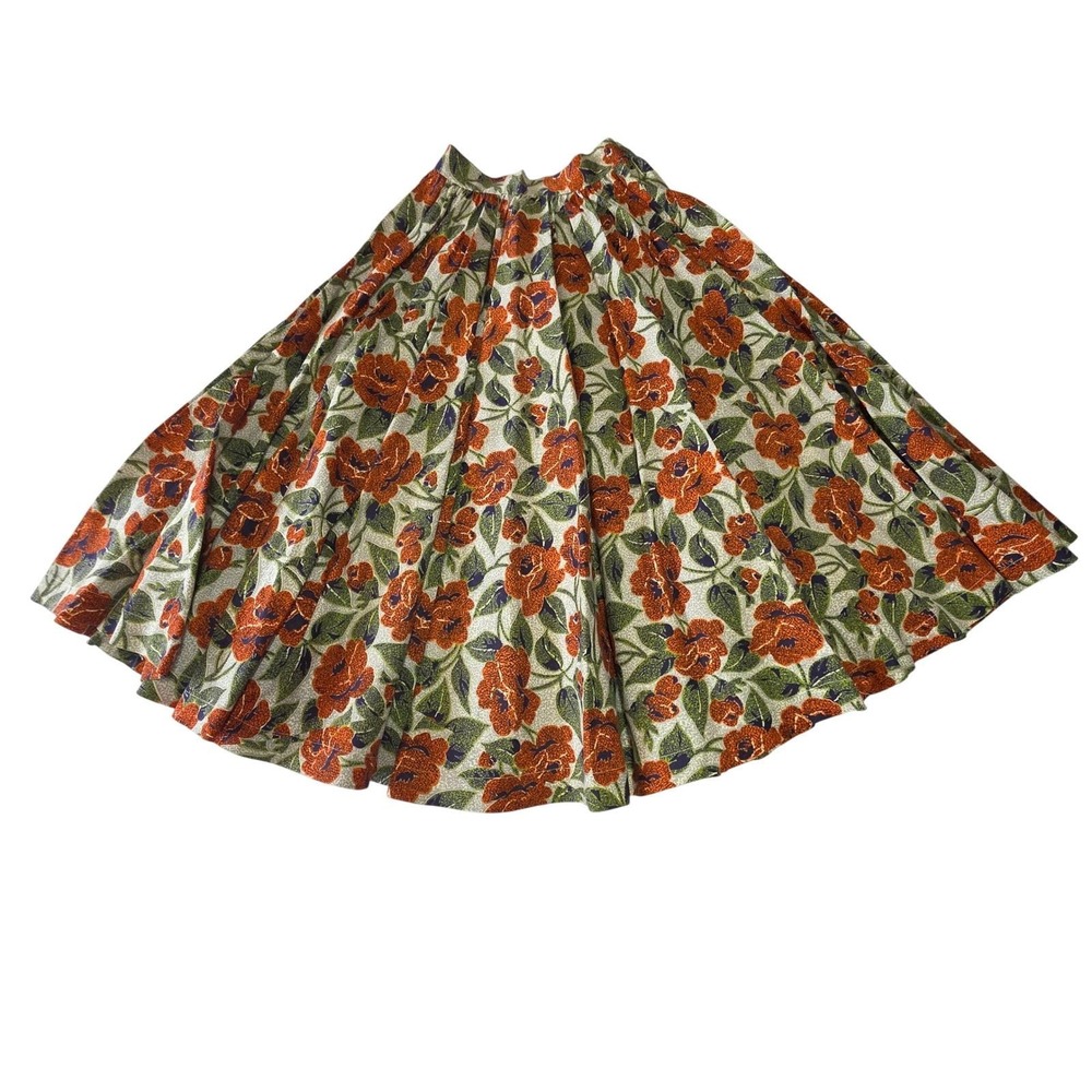 Vintage 60s Handmade Floral Full Skirt Green‎ Rust Navy Folk XS